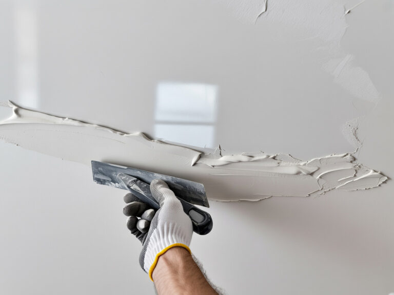Réparation de fissures sur un mur et plafond avant peinture d'une maison ancienne à Teyran