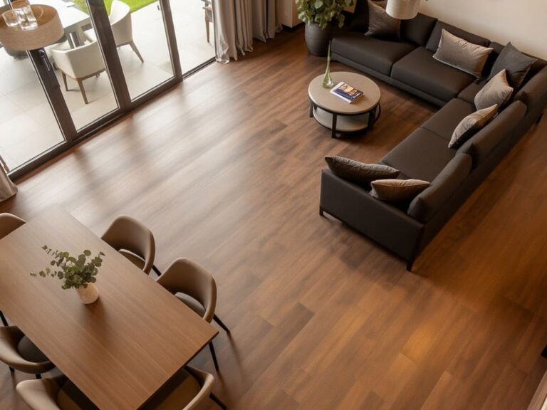Rénovation d’un salon avec remplacement visuel du carrelage par parquet bois par Reno'Zen, chois du type de matériau et de sa teinte