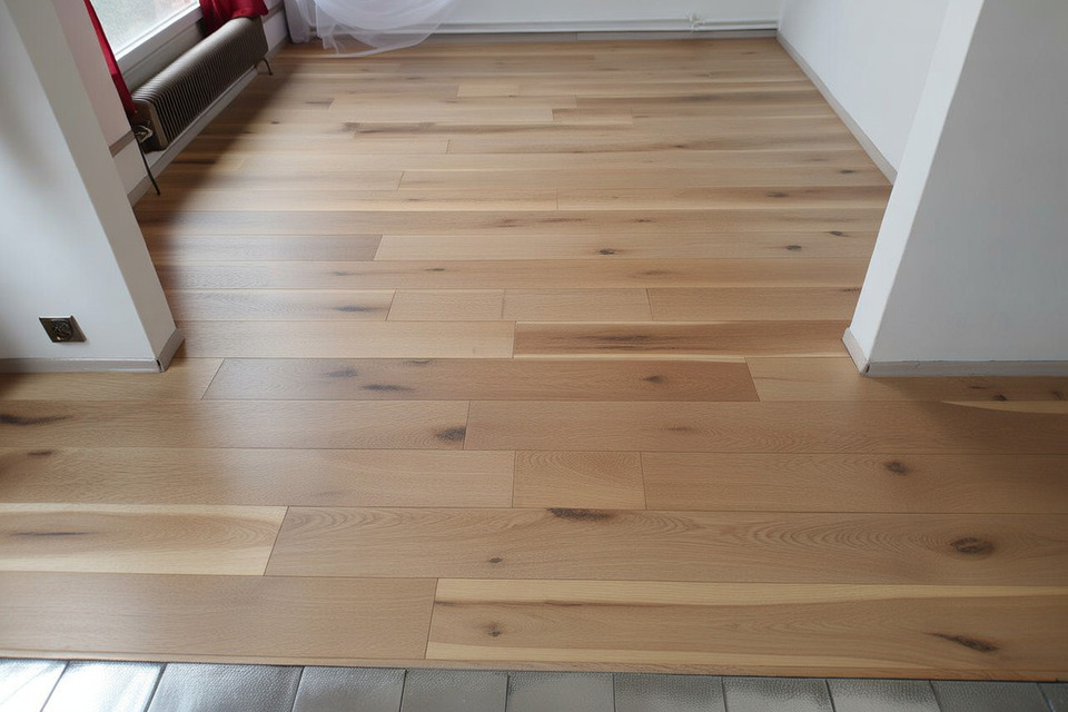 Rénovation d’un salon d'un appartement à Saint Génies des Mourgues par Reno'Zen avec remplacement du carrelage par un parquet flottant bois sur isolant acoustique