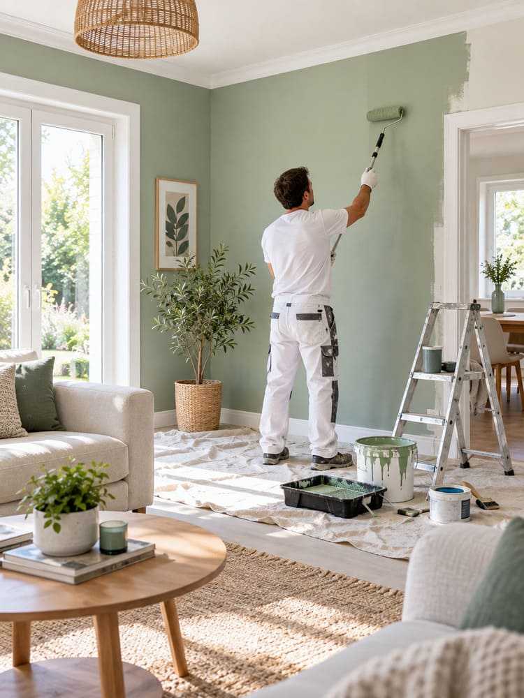 Mise en peinture des murs et plafind d'un salon d'un appartement baillargues par Reno'Zen